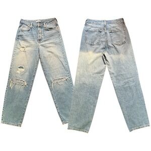 Forever 21 Women's Light Wash Distressed Straight High Rise Jeans, Blue Denim